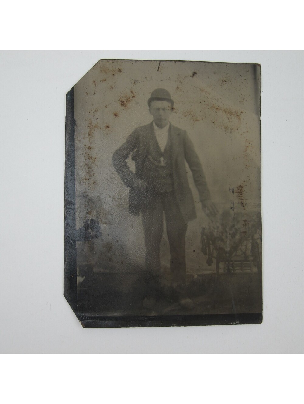 Tintype Photo Man in Hat & Suit with Pocket Watch Stands by Table Antique